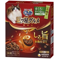 ◆ユニ・チャームペット 銀のスプーン 三ツ星グルメ しみ旨お魚仕立てまぐろ･かつお味にかつお節添え 192g