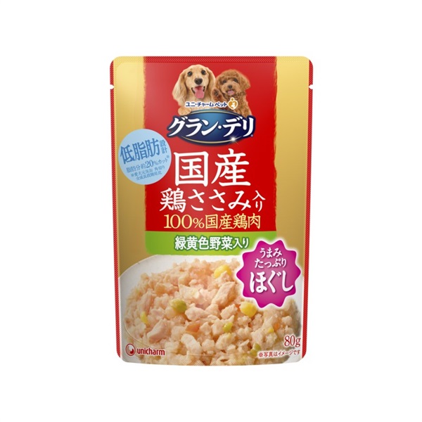 ユニ・チャーム グラン･デリ 国産鶏ささみ パウチ ほぐし 成犬用 緑黄色野菜入り 80g