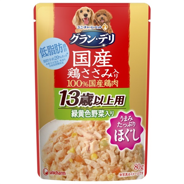 ユニ・チャーム グラン･デリ 国産鶏ささみ パウチ ほぐし 13歳以上用 緑黄色野菜入り 80g