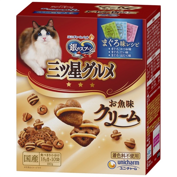 ◆ユニ・チャームペット 銀のスプーン 三ツ星グルメ お魚味クリームまぐろ味レシピ3種のアソート 180g