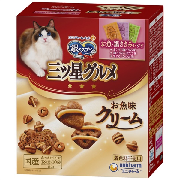 ◆ユニ・チャームペット 銀のスプーン 三ツ星グルメ お魚味クリームお魚･鶏ささみレシピ3種のアソート 180g