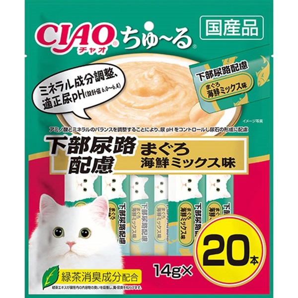 ◆いなばペットフード CIAO ちゅ～る 下部尿路配慮 まぐろ 海鮮ミックス味 14g×20本
