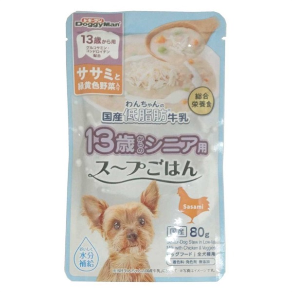 ドギーマン 13歳から用 わんちゃんの国産低脂肪牛乳スープごはん ササミと緑黄色野菜入り 80g